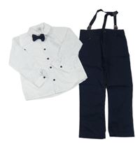 Nové - 4Set - Bílá vzorovaná košile + tmavomodré kalhoty + kšandy + motýlek Onno Kids