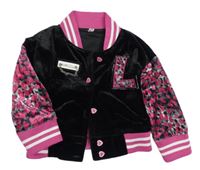 Nové - čierno-ružová zamatová prepínaci mikina s nášivkami