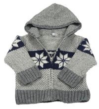 Šedo-tmavomodrý vzorovaný propínací vlněný svetr s kapucí 