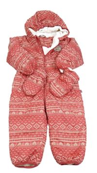 Růžovo-bílá vzorovaná šusťáková zimní kombinéza s nášivkou a kapucí + rukavice Impidimpi