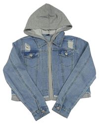 Světlemodro-sivá riflovo/tepláková crop bunda s vyšúchaním a kapucňou SHEIN