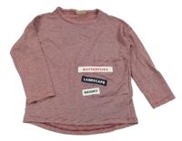 Vínovo-bílé pruhované triko s nášivkami Zara