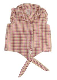 Ružovo-žltá kockovaná crop blúzka s uzlom