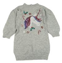 Šedé svetrové šaty s jednorožcem z flitrů Tu