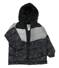 Černo-stříbrná šusťáková prošívaná zimní bunda s kapucí George 