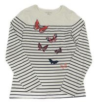 Bielo-tmavomodré pruhované tričko s motýly In Extenso