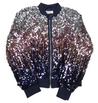 Stříbrno-tmavomodro-růžová flitrová crop jarní bunda H&M