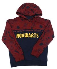 Tmavomodro-vínová  mikina s obrázky a nápisem - Harry Potter a pruhem a kapucí 
