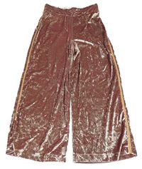 Staroružové lesklé zamatové culottes nohavice s pruhom