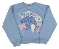 Svetlomodrá mikina s růží a motýlikmi a smajlíkom a nápisom Matalan