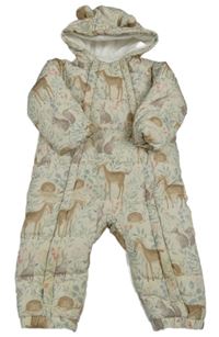 Smotanová prešívaná šušťáková zimná kombinéza so zvieratkami a větvičkami a kapucňou s uškami Tu