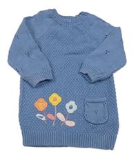 Modré vzorované svetrové šaty s kytičkami a perforováním Next