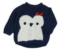 Tmavomodrý melírovaný svetr se sovičkou a třpytkami NUTMEG