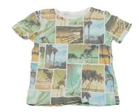 Světlemodro/zeleno-piesková é tričko s palmami a pláží Peacocks