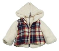 Tmavomodro/červeno-okrovo-smotanová zateplená košeľová bunda s huňatymi rukávy a kapucňou