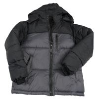 Tmavošedo-černá prošívaná šusťáková zimní bunda s odepínací kapucí