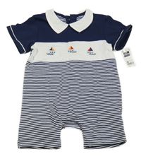 Nové - tmavomodro-bílý pruhovaný kraťasový overal s lodičkami a límečkem St. Bernard