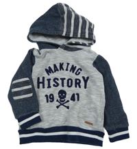 Sivo-tmavomodrá melírovaná mikina s nápismi a lebkou a číslom a kapucňou Mayoral