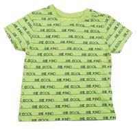 Neonově zeleno-petrolejové pruhované tričko s nápisy PRIMARK