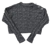 Tmavošedo-strieborný melírovaný vzorovaný oversize crop sveter s gombíkmi PRIMARK