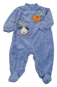 Modrý melírovaný zamatový overal s psíkom a mačičkou a rybičkou Mothercare