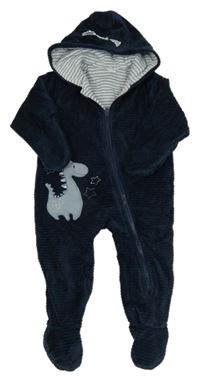 Petrolejová žebrovaná sametová zateplená kombinéza s dinosaurem a kapucí M&Co