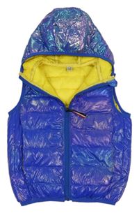 Modrá metalická šusťáková zateplená vesta s kapucí