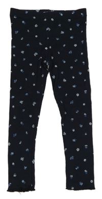 Tmavomodré květované žebrované legíny Tu