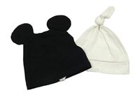 2x bavlněná čepice - černá s oušky + smetanová