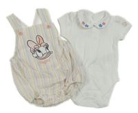 2set - Bílo-barevné pruhované laclové kraťasy s Daisy + bílé body s límečkem Primark