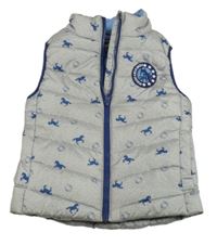 Sivo-modrá šušťáková prešívaná zateplená vesta s koníky