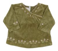 Khaki zamatové tričko s výšivkami květů H&M