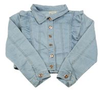 Svetlomodrá crop rifľová bunda s volánikmi