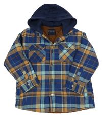 Modro-hnědá kostkovaná zateplená košilová bunda s teplákovou kapucí Next