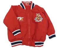 Červená šušťáková lehce zateplená bunda s obrázkom