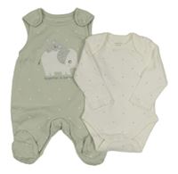 2 set - bílé body s hvězdičkami + zelené dupačky se slonem C&A