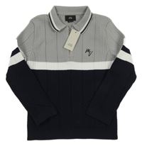 Nové - Šedo-bílo-tmavomodré žebrované polo triko River Island