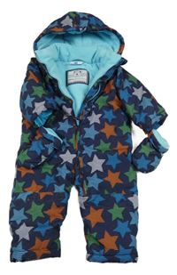 Tmavomodro-barevná šusťáková zimní kombinéza s hvězdami a kapucí + rukavice Topomini