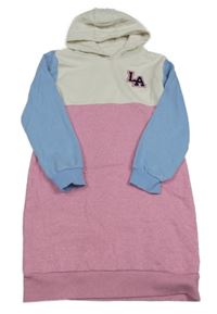 Smetanovo-růžovo-modrá šatová mikina s písmeny a kapucí Yigga