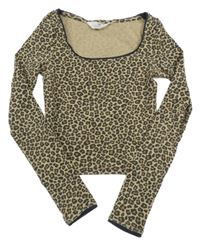 Béžovo-hnedé rebrované crop tričko s leopardím vzorom H&M