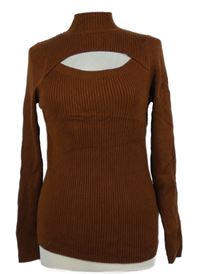 Dámský hnědý žebrovaný svetr s průstřihem F&F