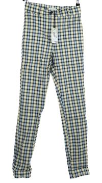 Nové - Dámské tmavomodro-žluté kostkované skinny elastické kalhoty Primark 