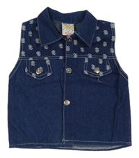 Modrá rifľová vesta s kvietkami