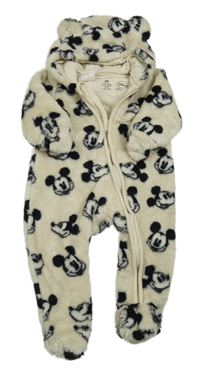 Béžová chlpatá podšitá kombinéza s Mickey Mousem a kapucňou H&M