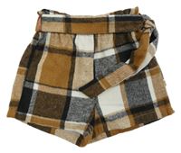 Hnedo-modro-biele kockované flanelové kraťasy s opaskom Shein