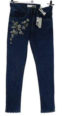 Nové - Dámske tmavomodré členkové é rifle s kvetmi Topshop vel. 25