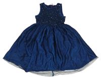 Tmavomodré tylové slávnostné šaty s flitrami Orchestra