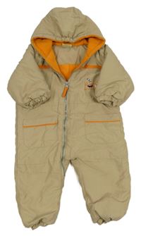 Písková šusťáková zateplená kombinéza s výšivkami a kapucí