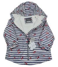 Nové - Bílo-tmavomodrá pruhovaná šusťáková jarní bunda s třešněmi a kapucí PRIMARK