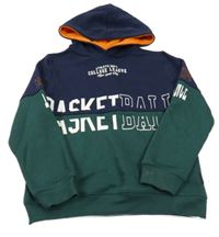 Tmavomodro-tmavozelená mikina s nápisom a kapucňou